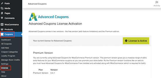 Activating Advanced Coupons premium 