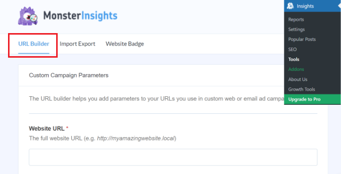 MonsterInsights URL builder tool Go to tools in MonsterInsights