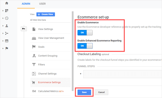 Abilitazione delle impostazioni e-commerce in Google Analytics