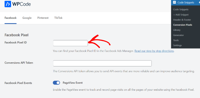 Paste Facebook pixel base code Add Facebook pixel ID
