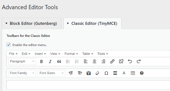 Advanced editor tools classic editor font size