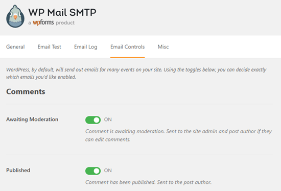 WP Mail SMTP email notification controls