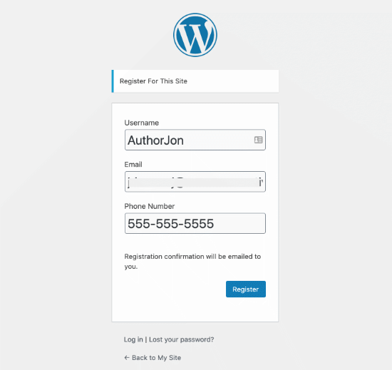 Modulo di registrazione utente WordPress