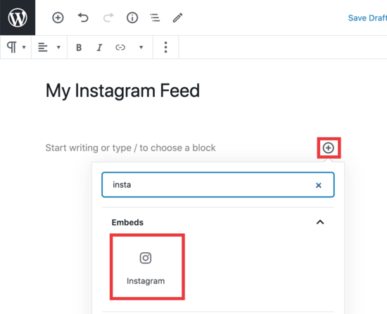 Block editor Instagram