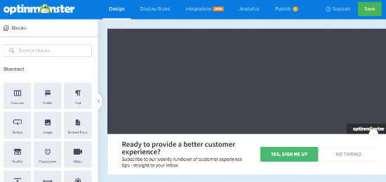 La plantilla de barra de alerta predeterminada en OptinMonster Personaliza la barra de alerta flotante