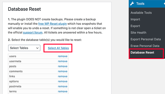 Select tables you want to reset in your WordPress database