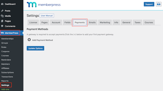 The MemberPress payment settings page 