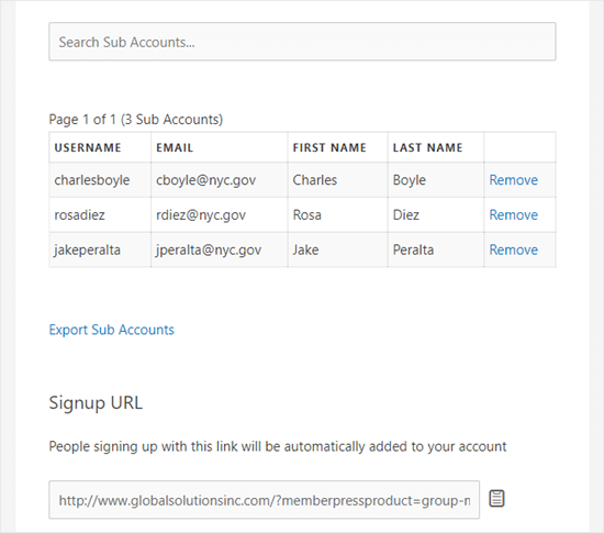 L'elenco di account secondari dell'utente più il link di registrazione