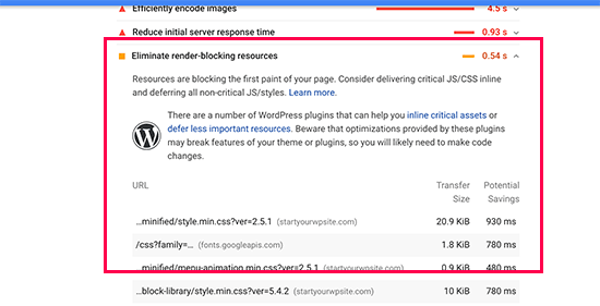 Render blocking issue highlighted in Google Pagespeed Insights