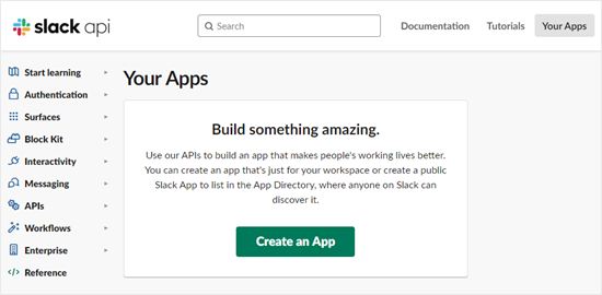 Creazione di una nuova app in Slack