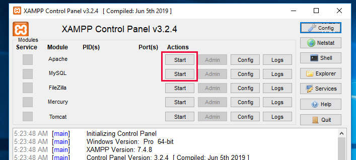 Khởi động Apache và MySQL để khởi chạy máy chủ cục bộ của bạn