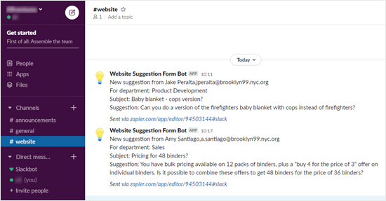 Esempi di notifiche Slack che sono state inviate tramite il modulo di suggerimento WPForms sul sito WordPress