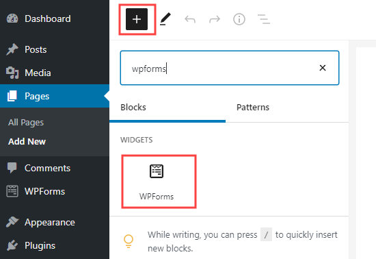 Add a WPForms block to your page in وردپرس