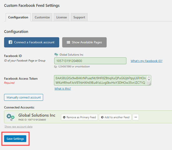 Custom Facebook Feed Save Settings