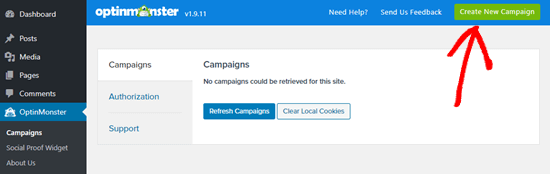 Click the button to create a new campaign in OptinMonster