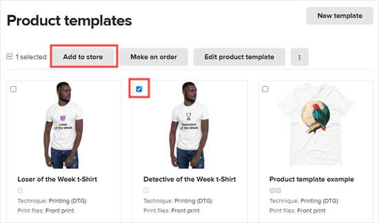 Выберите один из ваших продуктов печати по требованию и нажмите, чтобы добавить его в ваш магазин WooCommerce