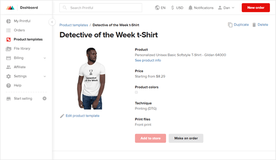 Viewing your product in the list of product templates that you've created in Printful