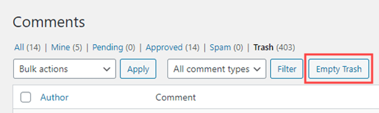 Emptying the trash to delete all the pending comments from WordPress