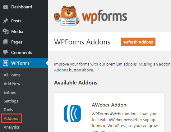 Страница аддонов WPForms в вашей админке WordPress