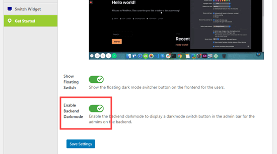 ضامن Enable Backend Dark Mode را روشن کنید تا بتوانید از حالت تاریک در مدیر وردپرس خود استفاده کنید