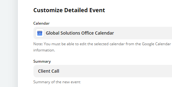 Type in an summary for your Google Calendar event, e.g. "Client Call"