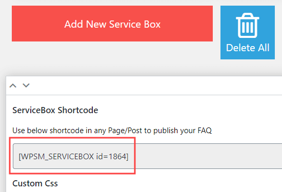 Get the shortcode that lets you add your service boxes into a page, post, or widget area