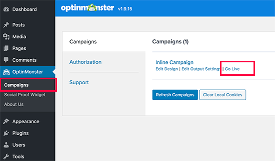 Dashboard delle campagne OptinMonster in WordPress