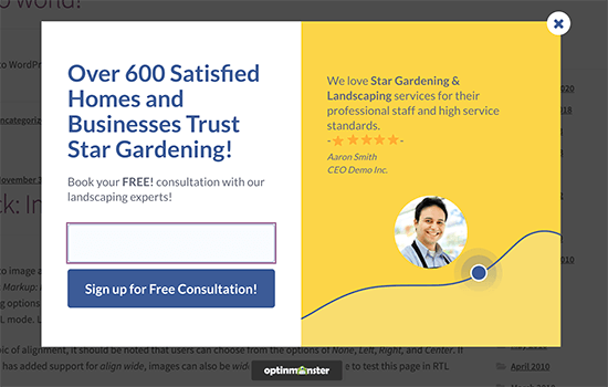 OptinMonster displaying a testimonial popup
