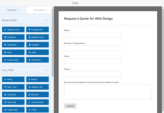 Modifying the Request a Quote form