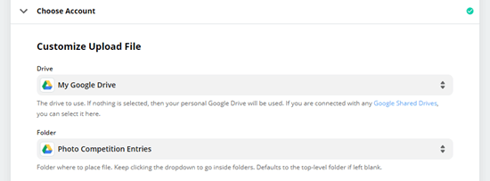 Seleziona il Google Drive che desideri utilizzare più la cartella in cui inserire i file caricati