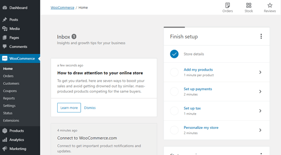 Visualizzazione della dashboard del tuo negozio WooCommerce in WordPress
