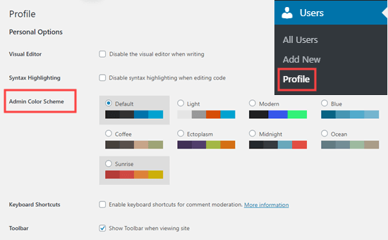 Selezione di una combinazione di colori dell'amministratore in WordPress, nella pagina del profilo utente