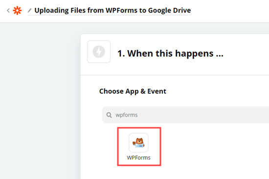 Выбор приложения WPForms в Zapier