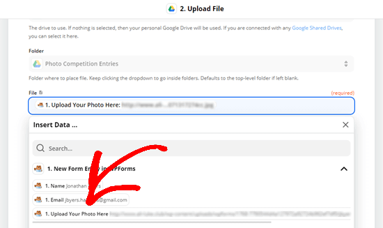 Choose the correct field (the file upload field) from your form based on the test data