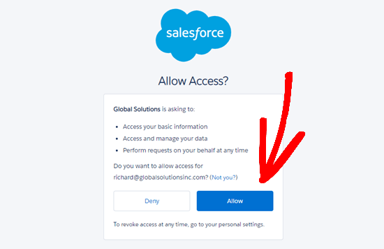 Consenti a WPForms di accedere al tuo account Salesforce tramite la tua app