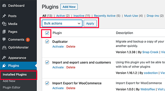 Disattiva tutti i plugin di WordPress