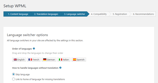 Scelta dell'ordine delle lingue per il selettore di lingua