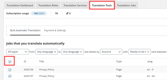 Selecting your content for bulk automatic translation