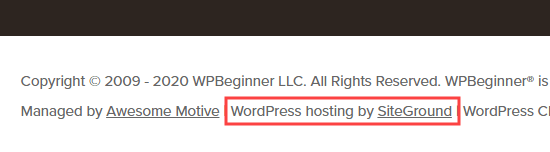 Dettagli di hosting di WPBeginner mostrati nel piè di pagina