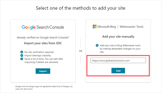 Aggiunta manuale del tuo sito a Bing Webmaster Tools