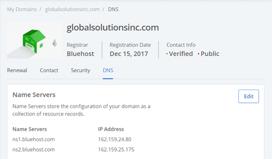 La pagina delle impostazioni DNS per il tuo dominio in Bluehost