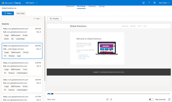 Clarity showing the recordings of user sessions