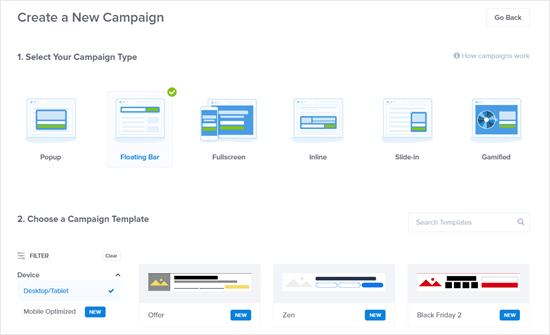 Create Floating Bar Optinmonster Campaign