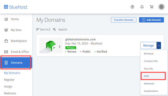 Управление настройками DNS для вашего домена в Bluehost