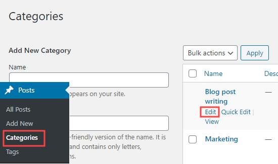 Editing a category in WordPress