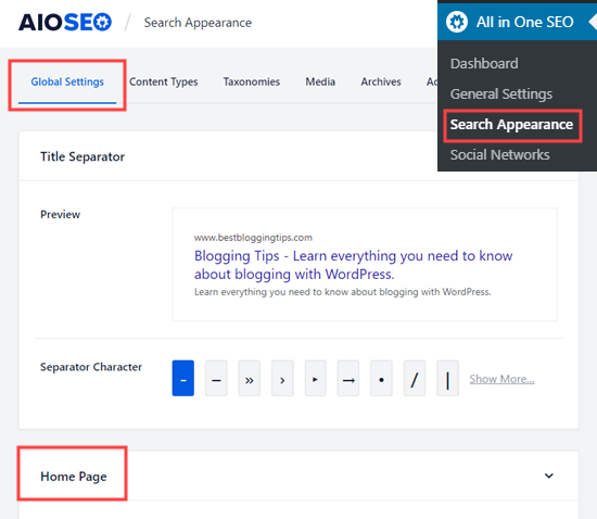 Home Page Settings Aioseo