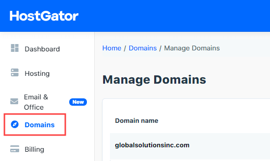 The Domains tab in your HostGator account