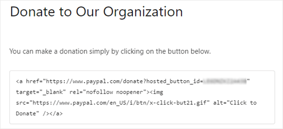 The PayPal button HTML code in the HTML block