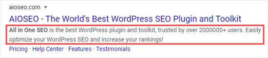 An example of a meta description, for the home page of the All in One SEO plugin