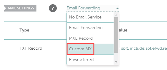 Выбор опции Custom MX в Namecheap
